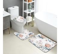 Set di 3 tappetini da bagno in stile costiero, eleganti conchiglie e corallo, assorbenti e antiscivolo, a forma di U, lavabili, estivi, spiaggia, ad asciugatura rapida, in flanella