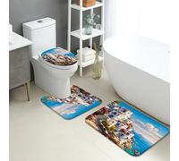 Set di 3 tappetini da bagno in stile costiero, motivo casa sul mare, assorbente, antiscivolo, a forma di U, lavabili, in memory foam, ad asciugatura rapida, per l'estate