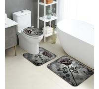 Set di 3 tappetini da bagno in stile gotico, con motivo floreale e rosa scuro, assorbente, antiscivolo, a forma di U, lavabile, elegante, vintage, ad asciugatura rapida, in flanella