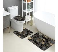 Set di 3 tappetini da bagno in stile medievale, stile vintage, nero e oro, circolari, assorbenti, antiscivolo, a forma di U, lavabili, eleganti, ad asciugatura rapida, in flanella