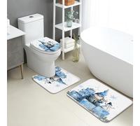 Set di 3 tappetini da bagno invernali, motivo pupazzo di neve e castello di ghiaccio, assorbente, antiscivolo, a forma di U, lavabile, in flanella ad asciugatura rapida, set di tappeti da bagno