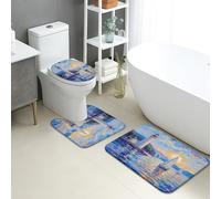 Set di 3 tappetini da bagno marittimi, motivo faro costiero, barche a vela, assorbenti e antiscivolo, a forma di U, lavabili, in memory foam, ad asciugatura rapida