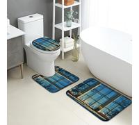 Set di 3 tappetini da bagno moderni, eleganti tappetini da bagno con stampa blu in vetro assorbente, antiscivolo, a forma di U, lavabili, contemporanei, ad asciugatura rapida, in memory foam