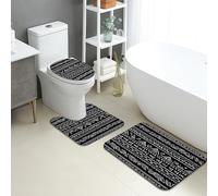 Set di 3 tappetini da bagno moderni, motivo geometrico, nero e bianco, assorbenti e antiscivolo, a forma di U, lavabili, contemporanei, ad asciugatura rapida, in memory foam