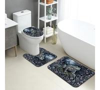 Set di 3 tappetini da bagno Nature, motivo floreale anfibio scuro, assorbente, antiscivolo, a forma di U, lavabili, foresta incantata, ad asciugatura rapida, in flanella