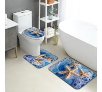 Set di 3 tappetini da bagno oceanici con stelle marine, onde sulla spiaggia, assorbenti, antiscivolo, a forma di U, lavabili, estivi, costieri, ad asciugatura rapida, in flanella