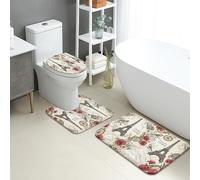 Set di 3 tappetini da bagno Parigi, motivo vintage Torre di Parigi floreale, assorbente, antiscivolo, a forma di U, lavabile, romantico set di tappeti da bagno in flanella ad asciugatura rapida