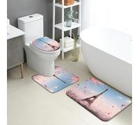 Set di 3 tappetini da bagno Parigi, romantici fiori di ciliegio, assorbenti e antiscivolo, a forma di U, lavabili, motivo floreale primaverile, ad asciugatura rapida, in flanella