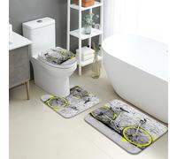Set di 3 tappetini da bagno per bicicletta, motivo artistico giallo con biciclette, assorbenti e antiscivolo, a forma di U, lavabili, moderni, street art, ad asciugatura rapida, in memory foam