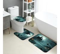 Set di 3 tappetini da bagno per Halloween, casa stregata, scopa e strega, antiscivolo, a forma di U, lavabile, notte buia, ad asciugatura rapida, in memory foam, set di tappeti da bagno
