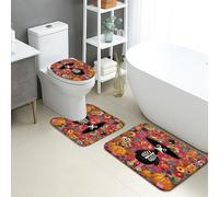 Set di 3 tappetini da bagno per Halloween, con teschio colorato e fiore, assorbenti, antiscivolo, a forma di U, lavabili, in flanella ad asciugatura rapida