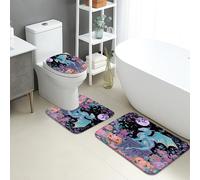 Set di 3 tappetini da bagno per Halloween, drago incantato, floreale, assorbente, antiscivolo, a forma di U, lavabile, rosa mistica, ad asciugatura rapida, in memory foam, set di tappeti da bagno