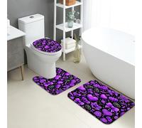 Set di 3 tappetini da bagno per Halloween, motivo cuori viola e fiori, assorbente, antiscivolo, a forma di U, lavabile, motivo floreale spettrale ad asciugatura rapida, in flanella