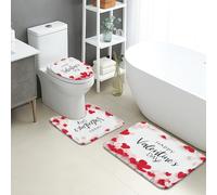 Set di 3 tappetini da bagno per San Valentino, motivo romantico a cuore, assorbente, antiscivolo, a forma di U, lavabile, ispirato all'amore, in flanella ad asciugatura rapida