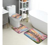 Set di 3 tappetini da bagno primaverili con fiori di ciliegio, colorati, assorbenti, antiscivolo, a forma di U, lavabili, scenografici, natura, ad asciugatura rapida, in flanella