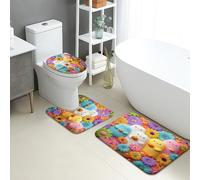 Set di 3 tappetini da bagno primaverili, graziosi polli colorati con motivo floreale, assorbente, antiscivolo, a forma di U, lavabili, con fiori vivaci, ad asciugatura rapida, in flanella