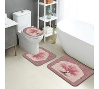 Set di 3 tappetini da bagno primaverili in stile vintage, con fiori di pesco e ciliegie floreali, assorbenti, antiscivolo, a forma di U, lavabili, eleganti, in memory foam, ad asciugatura rapida, set