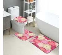 Set di 3 tappetini da bagno primaverili, motivo floreale, pesca, margherite, assorbenti, antiscivolo, a forma di U, lavabili, con fiori vivaci, ad asciugatura rapida, in flanella
