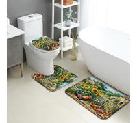 Set di 3 tappetini da bagno rustici con gallo e girasole, assorbenti, antiscivolo, a forma di U, lavabili, in flanella, ad asciugatura rapida, motivo floreale