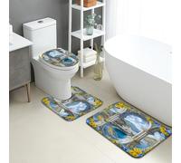 Set di 3 tappetini da bagno scenici, motivo floreale con ponte blu e fiume, assorbenti e antiscivolo, a forma di U, lavabili, eleganti, ad asciugatura rapida, in flanella
