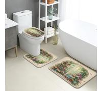 Set di 3 tappetini da bagno Spring Garden, stile vintage, motivo floreale con finestra, assorbente, antiscivolo, lavabile, colorato, naturale, ad asciugatura rapida, in memory foam