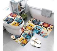 Set di 3 tappetini da bagno super assorbenti, tappetino da bagno antiscivolo, lavabile, copriwater con gufi su rami di albero, tappetini da bagno per bagno e doccia