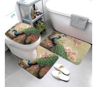 Set di 3 tappetini da bagno super assorbenti, tappetino da bagno antiscivolo, lavabile, tappetino per WC con pavone orientale su albero di fiori, tappetino da bagno per bagno e doccia