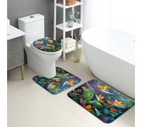 Set di 3 tappetini da bagno tropicali colorati con uccelli del paradiso piante assorbenti antiscivolo a forma di U lavabili, motivo floreale estivo ad asciugatura rapida, in memory foam, set da bagno