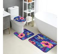 Set di 3 tappetini da bagno tropicali con fiori di ibisco e api, assorbenti e antiscivolo, a forma di U, lavabili, in memory foam, ad asciugatura rapida