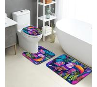 Set di 3 tappetini da bagno tropicali, motivo tucano colorato e floreale, assorbenti e antiscivolo, a forma di U, lavabili, in memory foam, ad asciugatura rapida, per l'estate