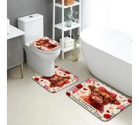 Set di 3 Tappetini da Bagno Valentine's Day Cute Cow Patterns Tappetino Antiscivolo per Bagno Assorbenti Morbide Tappeto A Forma di U, per Doccia, La Cucina, Accanto alla Vasca