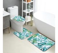 Set di 3 tappetini da bagno verde a foglia, con piante botaniche ad acquerello, assorbenti, antiscivolo, a forma di U, lavabili, motivo floreale primaverile, ad asciugatura rapida, in memory foam, set