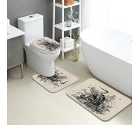 Set di 3 tappetini da bagno vintage con elefante, artistico, nero, bianco, floreale, assorbente, antiscivolo, a forma di U, lavabile, elegante set di tappeti da bagno in flanella ad asciugatura rapida