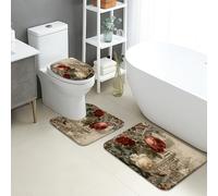 Set di 3 tappetini da bagno vintage con motivo floreale e rose antiche, assorbenti e antiscivolo, a forma di U, lavabili, eleganti, ad asciugatura rapida, in flanella