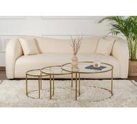 Dmora - Set di 3 tavolini da salotto Carugate, Tavolo basso da caffè, Portariviste per divano, Ripiano da soggiorno, 80x80 h43 cm, Oro e Trasparente