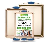 Set di 3 teglie antiaderenti in acciaio al carbonio PFOA, PFOS, PTFE-FE, manici in silicone blu resistente al calore, adatti al forno fino a 230 °C, per biscotti, piccole, medie e grandi