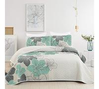 Set di 3 trapunta con motivo floreale regina verde, copriletto con 2 federe per cuscini, elegante e leggero, per tutte le stagioni, 228,6 x 243,8 cm