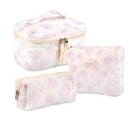 Set di 3 trousse da donna con motivo floreale, graziose e alla moda, trapuntate, per trucchi, in cotone, misura grande/media/piccola, con cerniera, regalo per donne e ragazze, per uso quotidiano e in