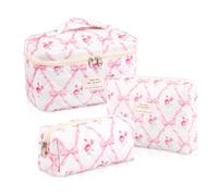 Set di 3 trousse da donna con motivo floreale, graziose e alla moda, trapuntate, per trucchi, in cotone, misura grande/media/piccola, con cerniera, regalo per donne e ragazze, per uso quotidiano e in