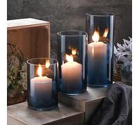 Set di 3 vasi cilindrici in vetro con uragano, colore blu, trasparente, 16, 20, 20 cm, per centrotavola e decorazione da tavola