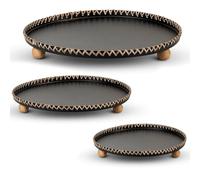 Set di 3 vassoi decorativi rotondi in metallo con gambe in legno nero e naturale Ø30x4 cm, ø25x4 cm, ø20x4 cm