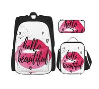 Set di 3 zaini a forma di labbra Hello in vivaci acquerelli con una frase d'amore stampata sopra con cuori, borsa da viaggio, lavoro, scuola, astuccio, pranzo, borsa, per uomini, donne, ragazzi e raga