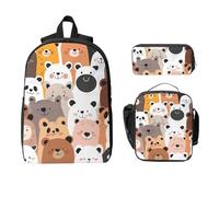 Set di 3 zaini a forma di orso con animali carini, per ragazze e ragazzi, con borsa per il pranzo, astuccio per matite e matite, 3 pezzi, borsa termica per il pranzo, regali per donne e uomini
