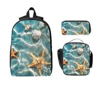 Set di 3 zaini a forma di stella marina con conchiglie per ragazze e ragazzi, con borsa per il pranzo, astuccio, oceano spiaggia, 3 pezzi, borsa termica per il pranzo, regali per donne e uomini