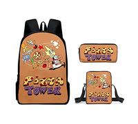 Set di 3 zaini a torre per pizza, astuccio a tracolla, borsa per la scuola, con borsa per il pranzo, zaino da gioco, borse a tracolla, grande capacità, impermeabile, per studenti delle scuole medie