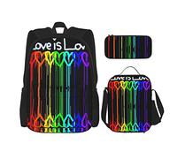 Set di 3 zaini (arcobaleno Gay Pride, cuore arcobaleno, Love is Love), borsa per libri + borsa per il pranzo + astuccio, grazioso zaino per università, lavoro, palestra, escursionismo, pesca, bagaglio