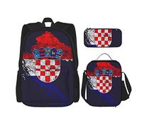 Set di 3 zaini (bandiera croata e mappa dell'orgoglio croato), borsa per libri, borsa per il pranzo e astuccio, grazioso zaino per università, lavoro, palestra, escursionismo, pesca, borsa per compute