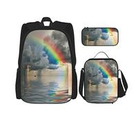 Set di 3 zaini blu, colorati, arcobaleno sopra l'oceano, temporali, pioggia e fulmini, borsa per libri, astuccio per matite, borsa per il pranzo, combinazione per uomini, donne, ragazzi e ragazze.