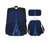 Set di 3 zaini blu francese con ritaglio di carta, motivo: Torre Eiffel, da viaggio, con splendida vista, monumenti, stelle, opera d'arte, borsa da lavoro, borsa da scuola, astuccio per il pranzo, bor