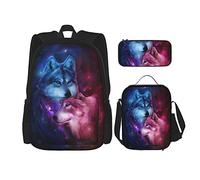 Set di 3 zaini (Blue Universe Galaxy Magic Wolf in The Space) Borsa per libri + borsa per il pranzo + astuccio per matite Zaino carino per università, lavoro, palestra, escursionismo, pesca, borsa a m